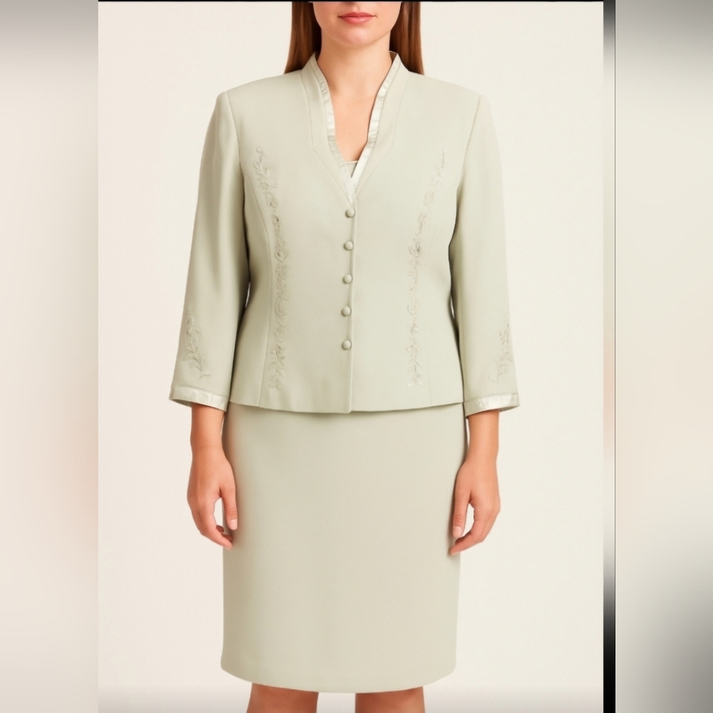 Plaza South 2 Pc Midi Lined Skirt & Jacket Set Mint Green Size 14P